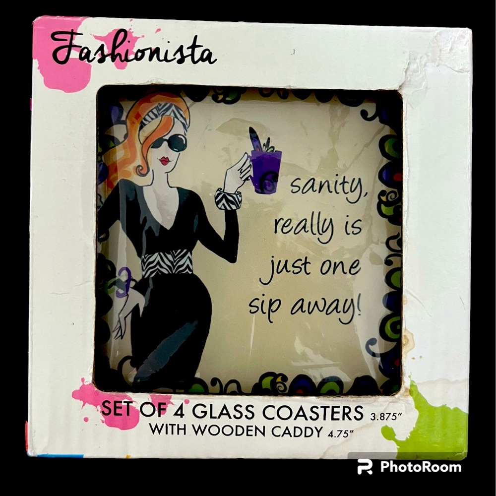 New Set of 4 Fashionista Cocktails Glass Coasters with Wooden Caddy!